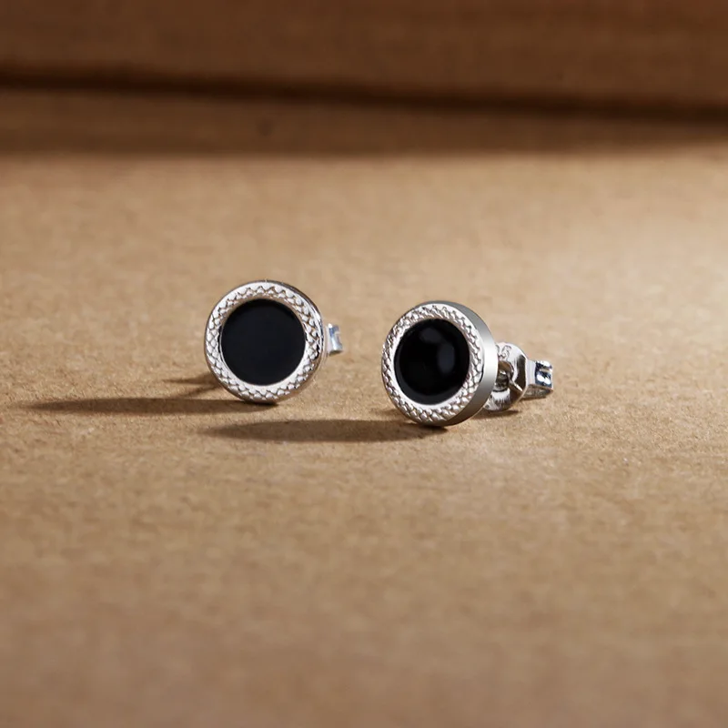 Trendy Black Round Patterned Earrings for Men Personalized Earrings Simple 925 Sterling Silver Ear Stud Male Jewelry KOFSAC