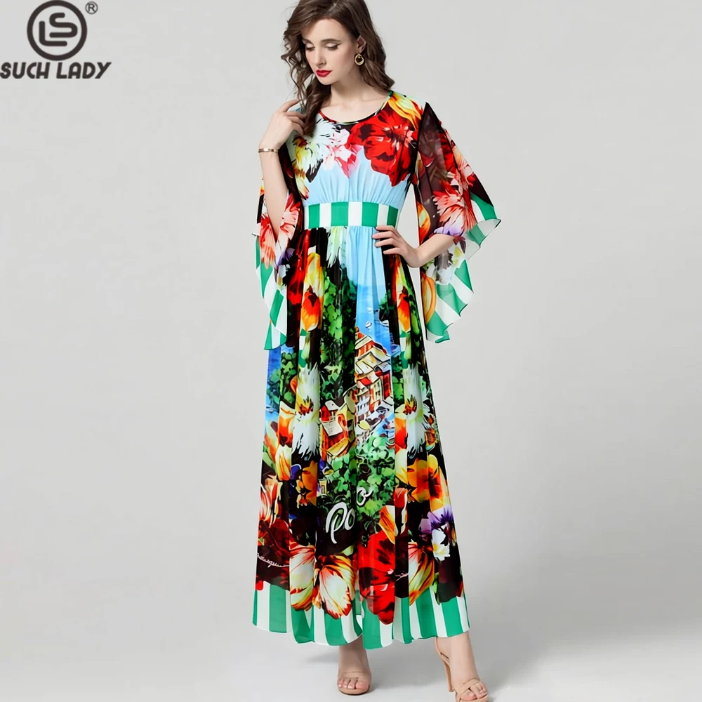 

Women's Vibrant Floral & Scenic Print Maxi Dress - V-Neck, Flowy Bell Sleeves Summer Boho Beach Vestidos