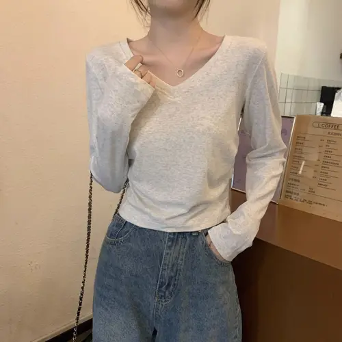 슬림핏 티셔츠 통근 스타일 긴팔 V넥 순색 가을용 티셔츠 티 셔츠 티셔츠 여성용 긴팔 여성용 V넥 순색 티셔츠 