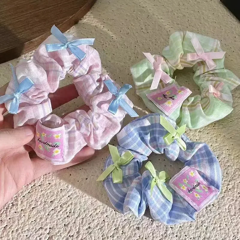 Blue Plaid Hair Band for College Style Korean Sweet Ponytail Hair Rope with Bow for Women Large Bow Hair Tie