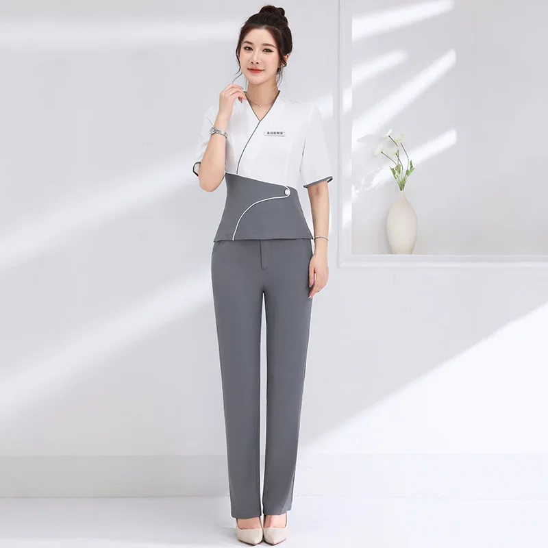 

Korean Style Beauty Salon Female Spring and Autumn Work Blouse+Pants Set Hospital Front Desk Staff Workwear SPA Beauty Uniform