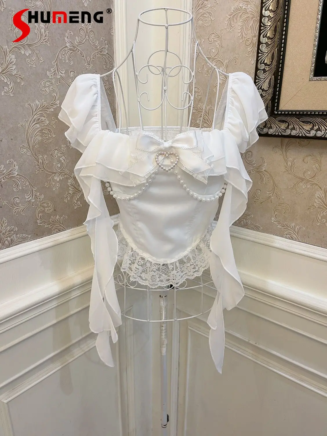 

French Lolita White Lolita Camis Women's Bow Pearl Chain Lace Edge Irregular Ribbon Expose The Navel Sweet Short Top 2025 New