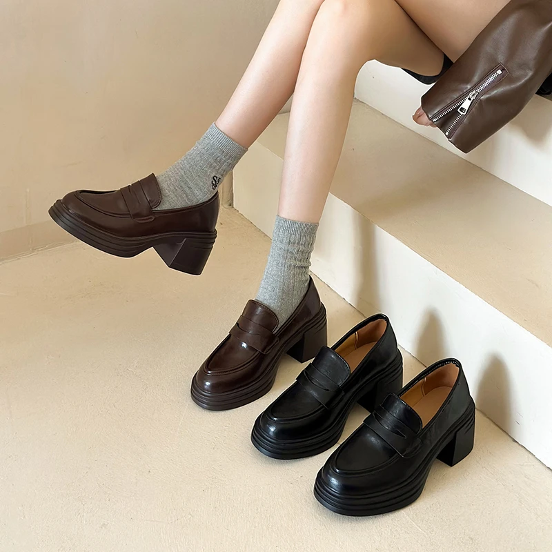 2025 New Women Leather Platform Loafers Fashion Slip on Chunky Shoes Retro Style Female Officel Pumps Women's Mary Jane Shoes