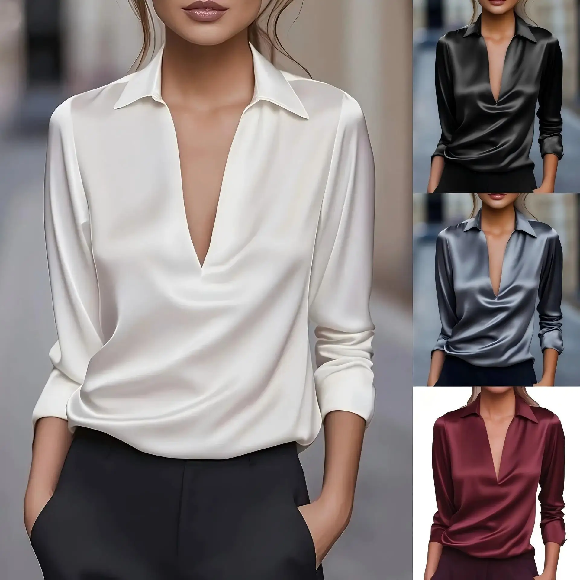

Women's V-Neck Long Sleeve Shirt Comfortable Stretchy Commute Style Fashionable Ladies' Shirt Pure Color Splice Design