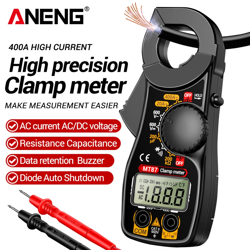 Pinza amperimétrica ANENG MT87, multímetro digital profesional de 1999 cuentas, prueba voltaje AC/DC, amperímetro, detección de resistencia y sin contacto