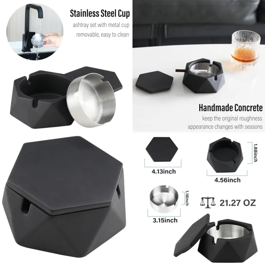 

Concrete Ashtray with Lid Stainless Steel Ashtrays for Cigarettes, Cement Ash Tray Smoking Holder Indoor Smokeless Outdoor Wind