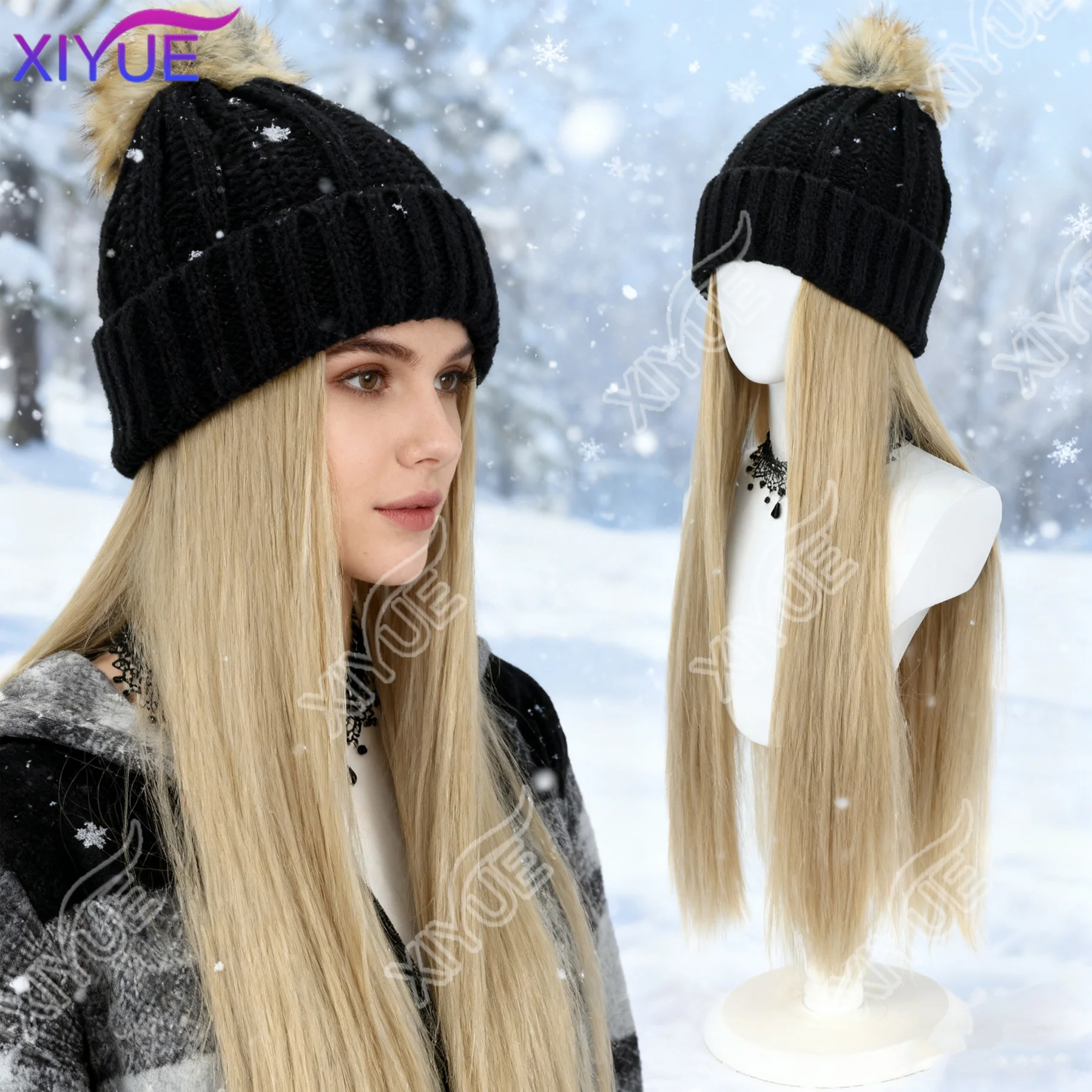 

JKL Прямая шапка парик Кепка с волосами Шляпа Парик Золотой прямой парик Синтетические волосы Женская теплая плюшевая вязаная осенне-зимняя шапка