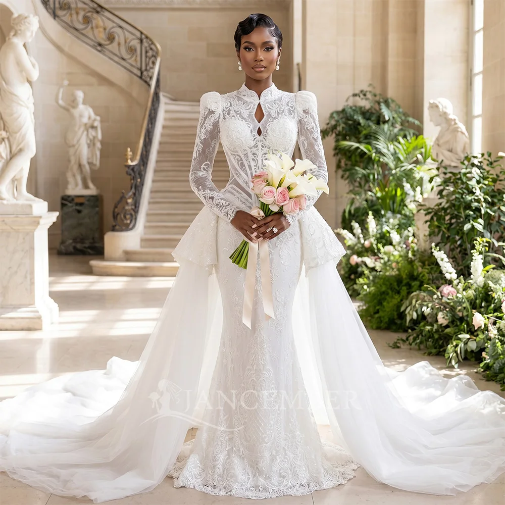 

Wedding Dress Long Sleeve High Neck Zipper Back Customized Bride Dresses Court Train Rhinestones Bridal Gown vestido femininos