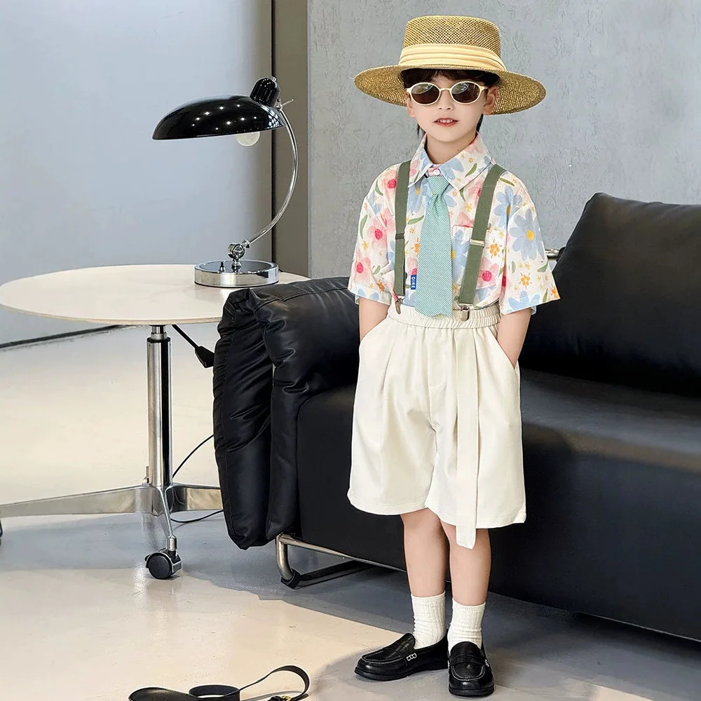 Boys Floral Print Shirt Pleated Shorts Set with Necktie Kids Gentleman Summer Outfit for Wedding Party Beach Vacation Photoshoot