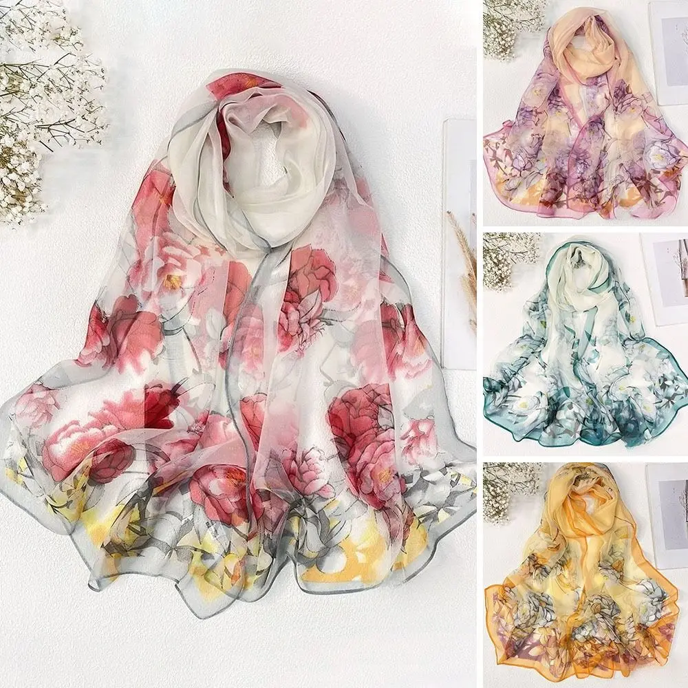 

Portable Floral Printing Silk Scarf Sun-Resistant Breathable Long Wraps Smooth Bandana for Women