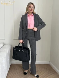 Clacive Fashion Loose Gray Office Trousers Sets For Women 2 Pieces Elegant Long Sleeve Blazer With High Waist Pants Set Female