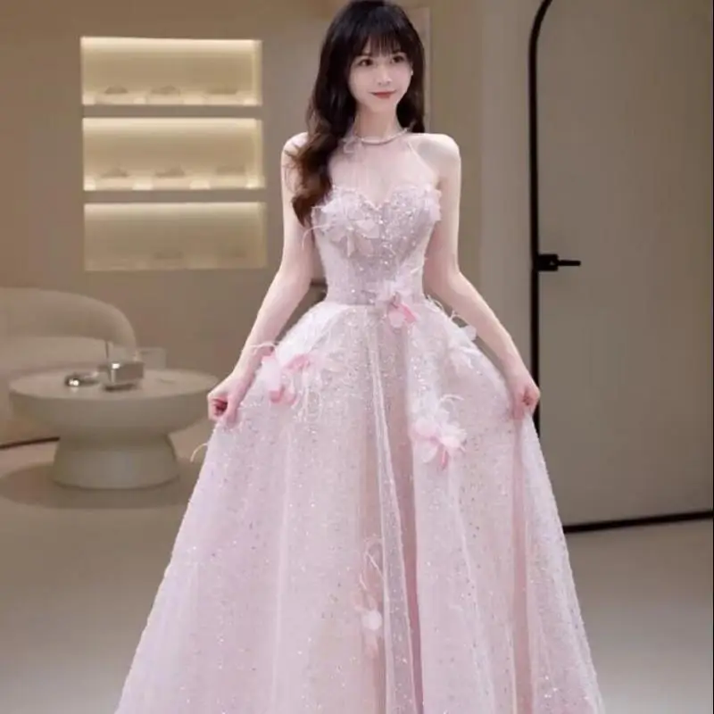 Elegant Party Dresses For Women New Exquisite Flowers Appliques Prom Gown Sleeveless Sequined Long Princess Fairy Robe De Soiree