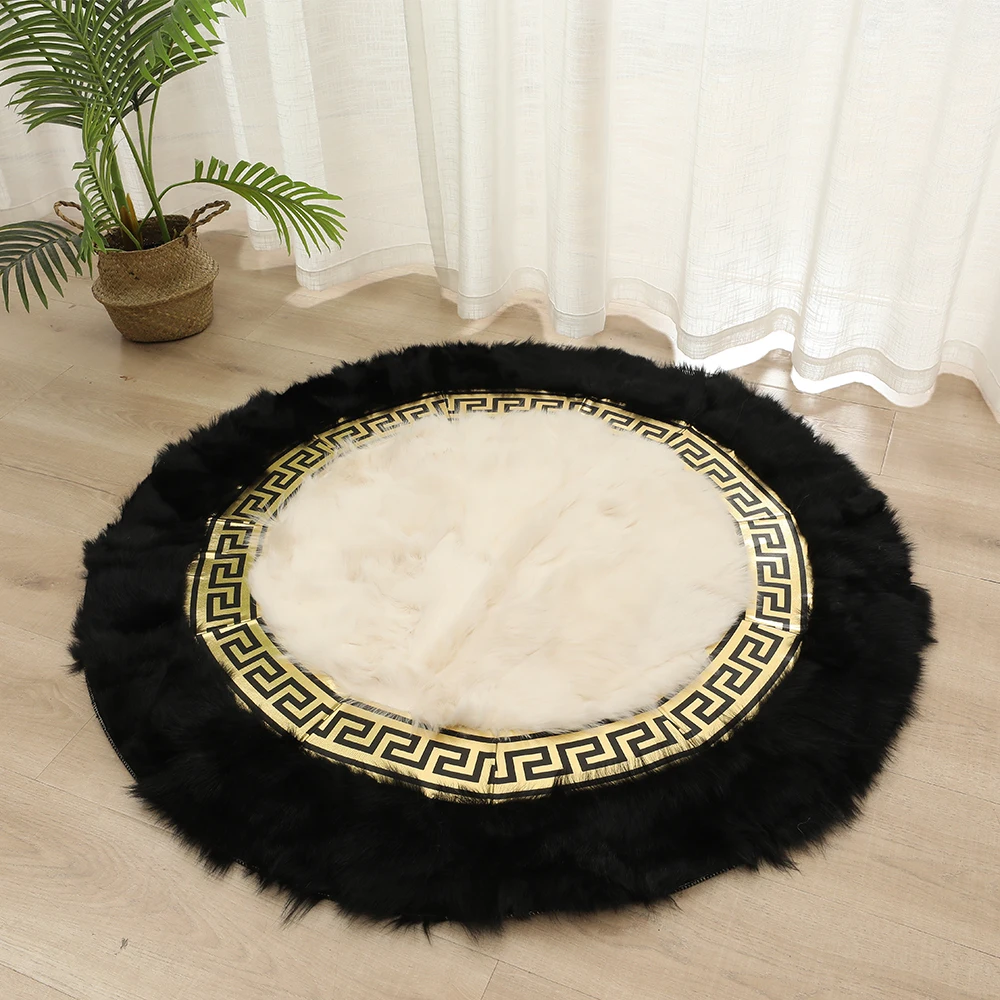Black Gold Round Sheepskin Area Rugs Fluffy Soft Living Room Carpet Modern Fur Rug 4x4ft Office Gold Black Rug