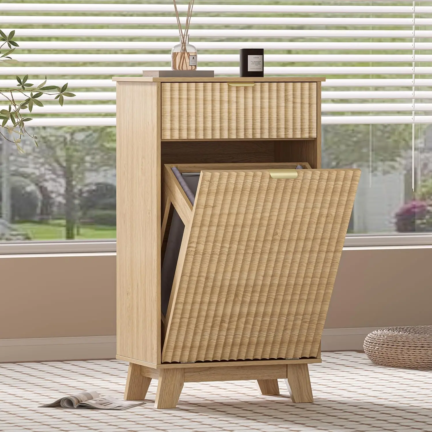 Tilt Out Hamper Cabinet with Drawer & Storage, 10 Gallon Fluted Hidden Wood Basket for Bathroom & Kitchen, Customized