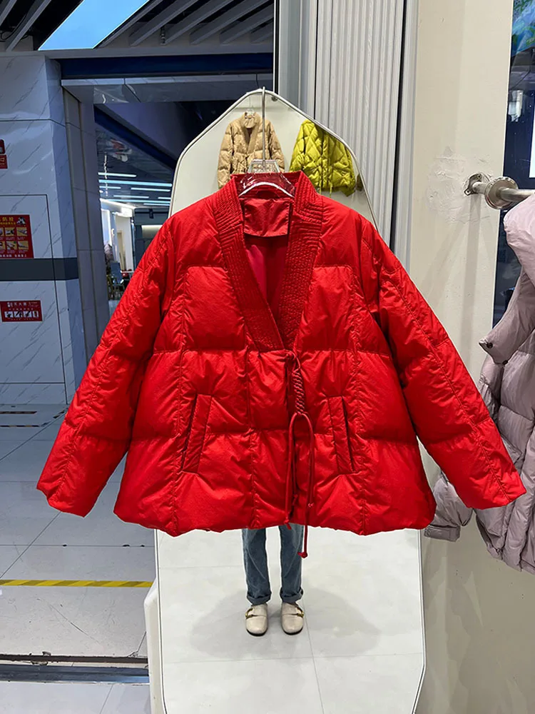 2023 Winter Thick White Duck Down Jacket Parkas Women Short Knitted V Neck Puffer Coat Female Casual Loose Warm Outwear