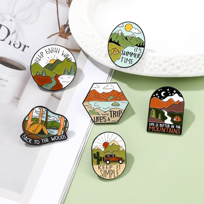 Creative Mountain Desert Tent Sunrise Shape Brooch Badge For Student Bag Clothing Decorative Pin Jewelry Badge