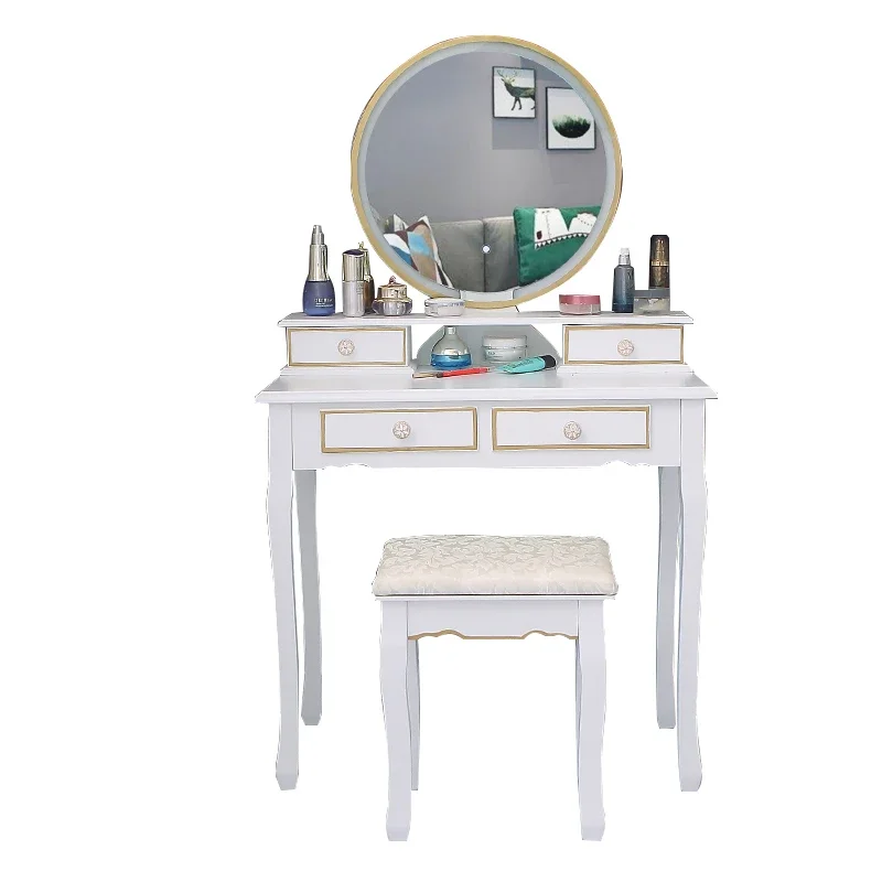 Simple Modern Dressing Table With Mirror Solid Wood Princess LED Makeup Table European Dresser Table Chair Set Bedroom Furniture