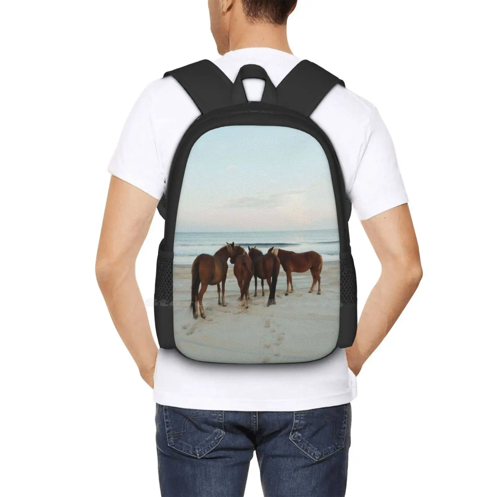 Coastal Horse Meeting Fashion Pattern Design Travel Laptop School Backpack Bag Horse Beach Coast Ocean Atlantic Wildlife Sunset