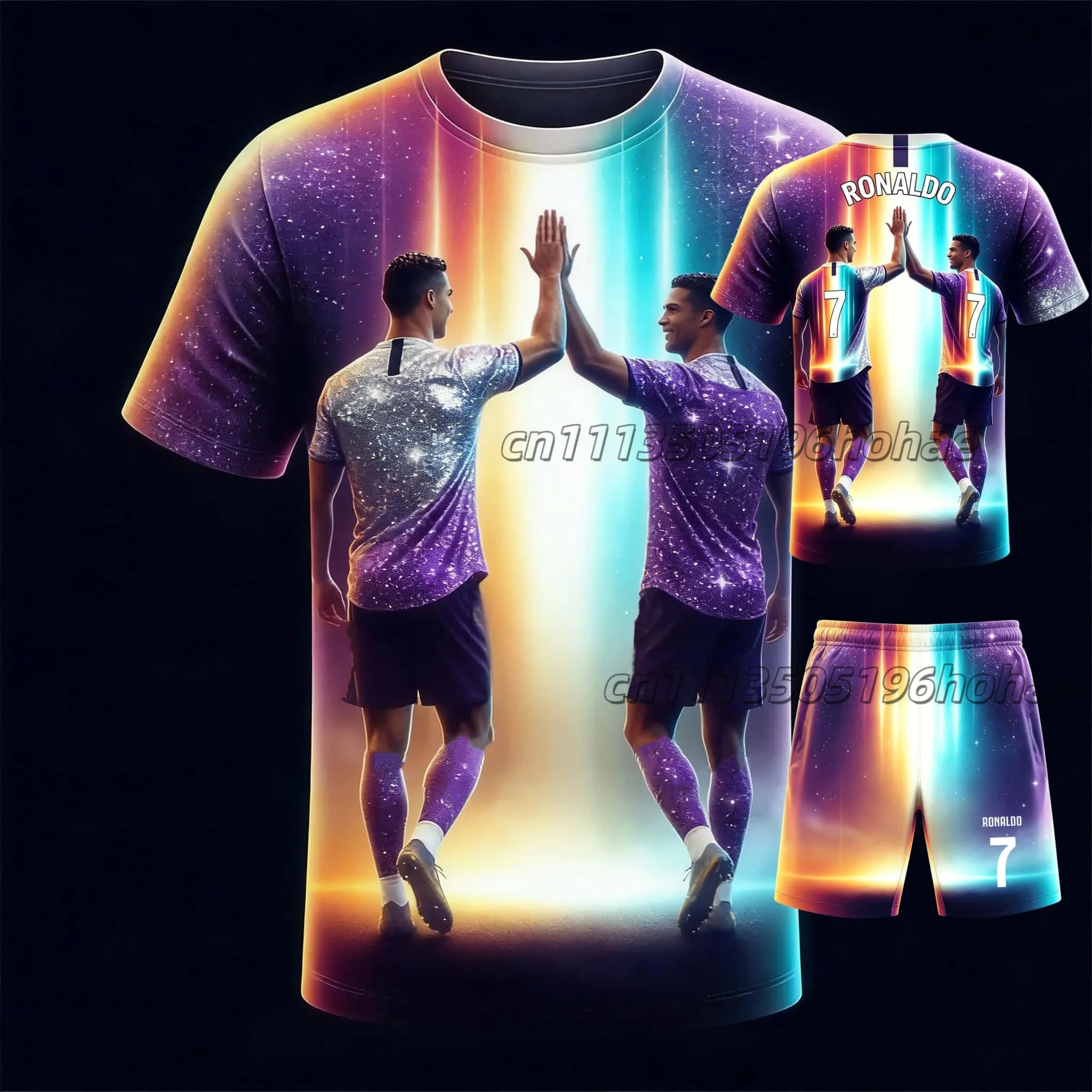 New #Ronaldo7# Gradient Starry Sky Trendy T-shirt and Shorts Set Breathable Training Wear for Teenagers and Adults in Summer