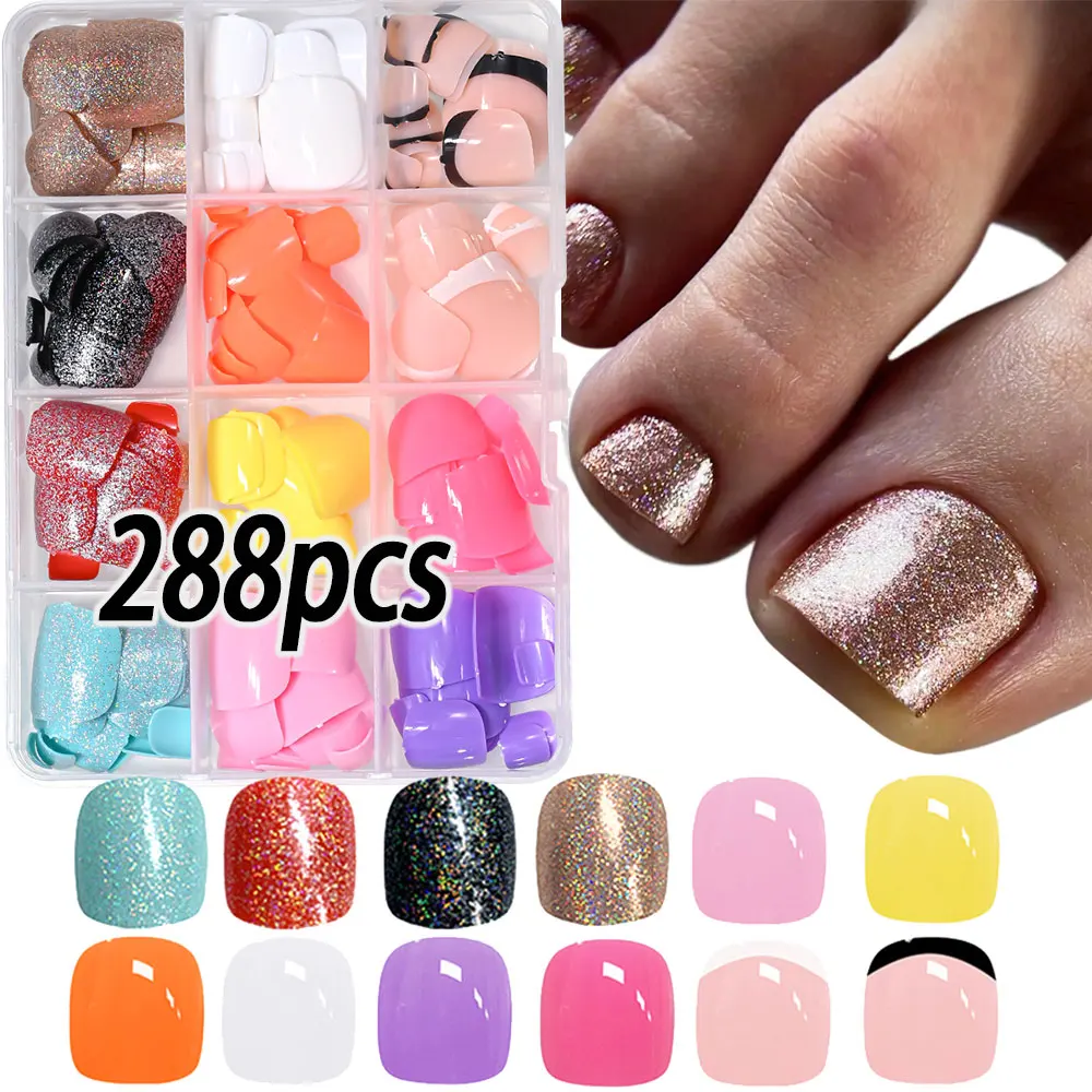 

216/240/288pcs Sparkly Glitter Press On Toenails 12colors Short Square French Acrylic False Toes Nails Full Cover Artificial Toe