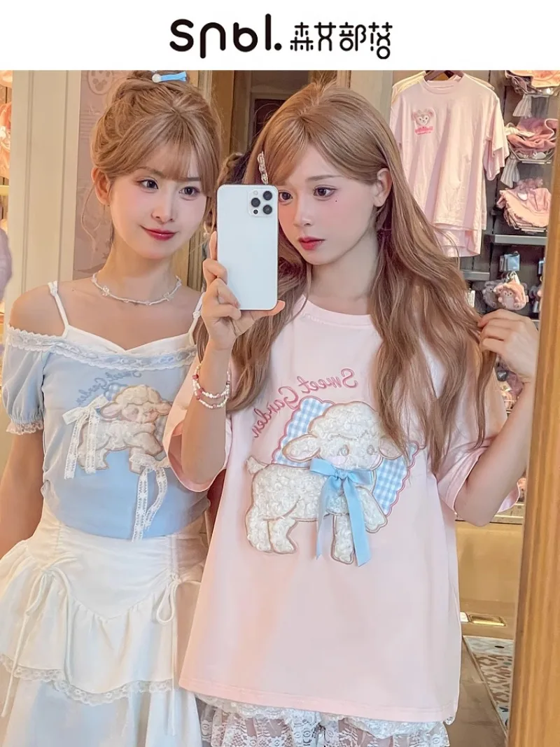 Japanese Original Cute Cartoon Affixed Cloth Embroidered Soft Dorable Sweet Girl Short Sleeve Pink T-shirt Blue Off-Shoulder Top