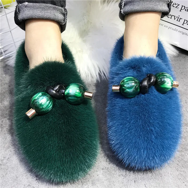 Real Mink Fur Women Casual Flats 2024 New Winter Warm Fur Shoes Comfortable Moccasins Ladies Flat Espadrilles Driving Loafers