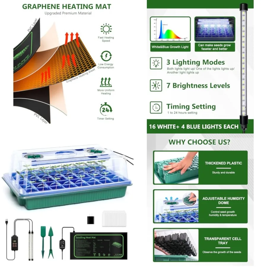 

Seed Starter Kit with Grow Light and Graphene Heating Mat, Reusable Seed Starter Tray with Higher 4.7"Humidity Domes, Garden Pl