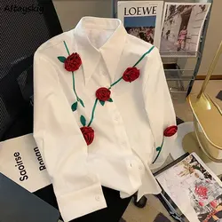 Shirts Women Temper Rose 3D Decoration Chic Elegant Loose French Style Fashion Spring All-match Sweet Aesthetic Lapel College