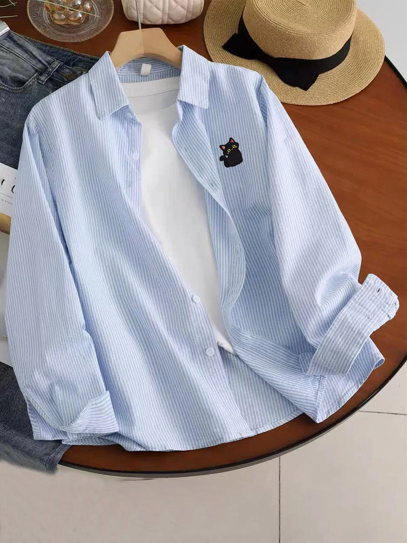 Korean-Style Trendy Men's Spring-Autumn Collection, Cartoon Kitten Patch Print, Long-Sleeved Casual Outerwear Shirt