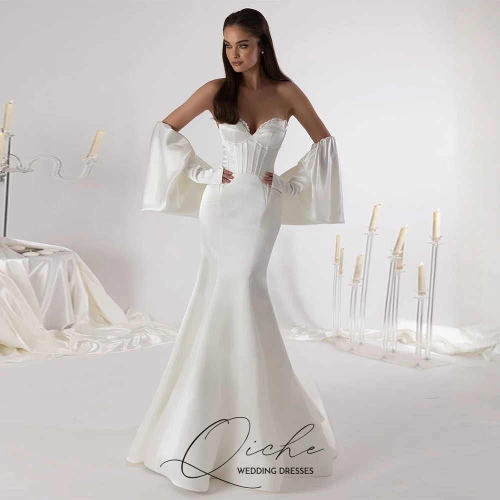 

QICHE Роскошные свадебные платья русалки Милое атласное свадебное платье без бретелек с шалью Индивидуальные платья невесты для свадебной вечеринки