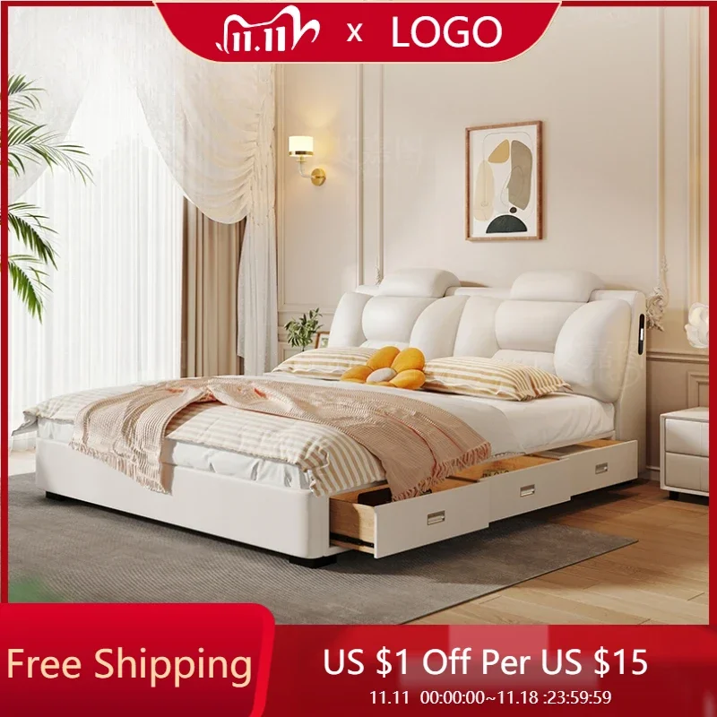 

Nordic King Size Double Bed Mattress Storage White Comferter Bed Loft Modern Cama Matrimonial Bedroom Furniture Luxury