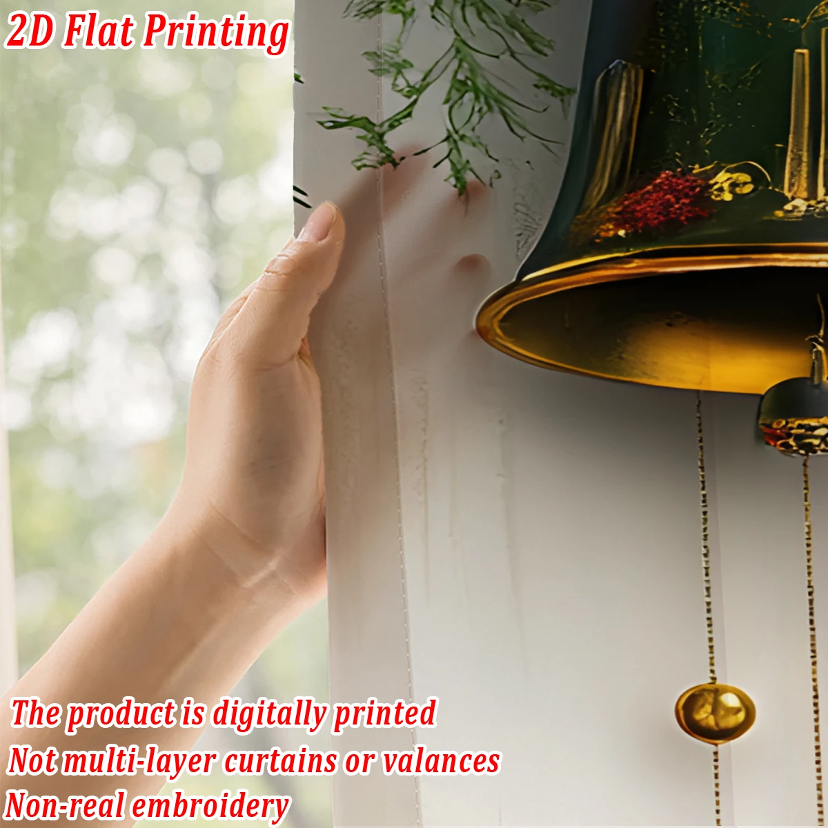 ستارة شفافة مطبوعة مسطحة لعيد الميلاد مع أجراس عيد الميلاد، وأشرطة الفراشة، لحفلات ديكور نوافذ باب غرفة المعيشة وغرفة النوم