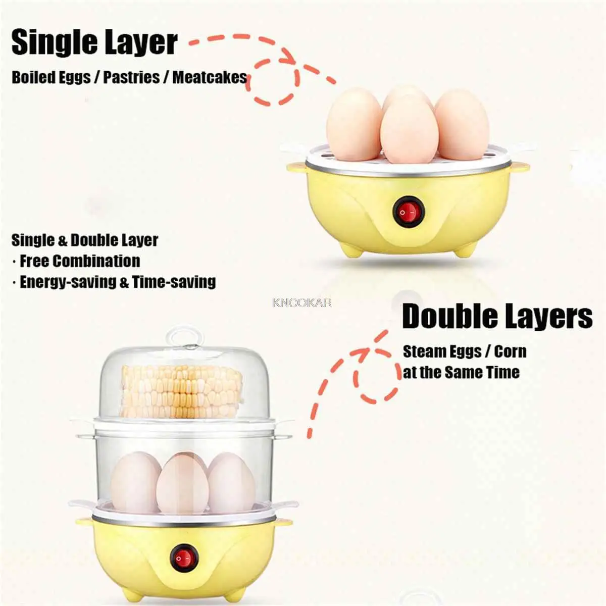 Calderas eléctricas multifuncionales de 350W y 220V, olla arrocera rápida de 2 capas para huevos, vaporera, cazadora de huevos, bandeja extraíble con capacidad para 14 huevos