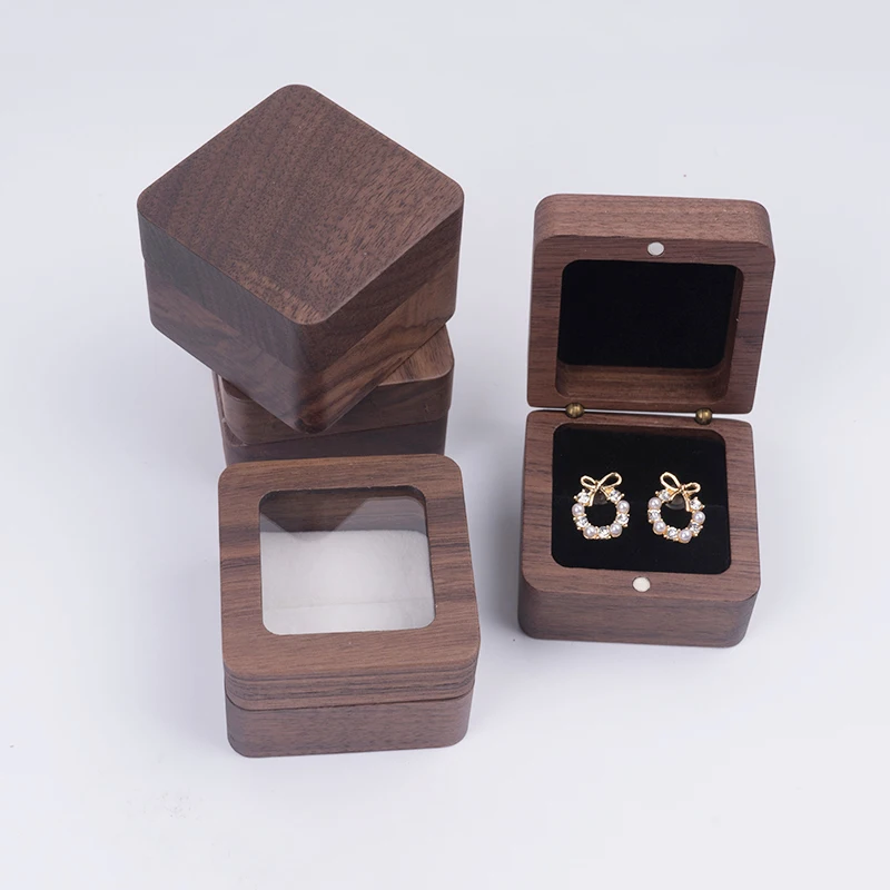 Caja de joyería de madera para anillos de boda, organizador de anillos de terciopelo, caja de embalaje de regalo, estuche de exhibición de anillo de compromiso de propuesta