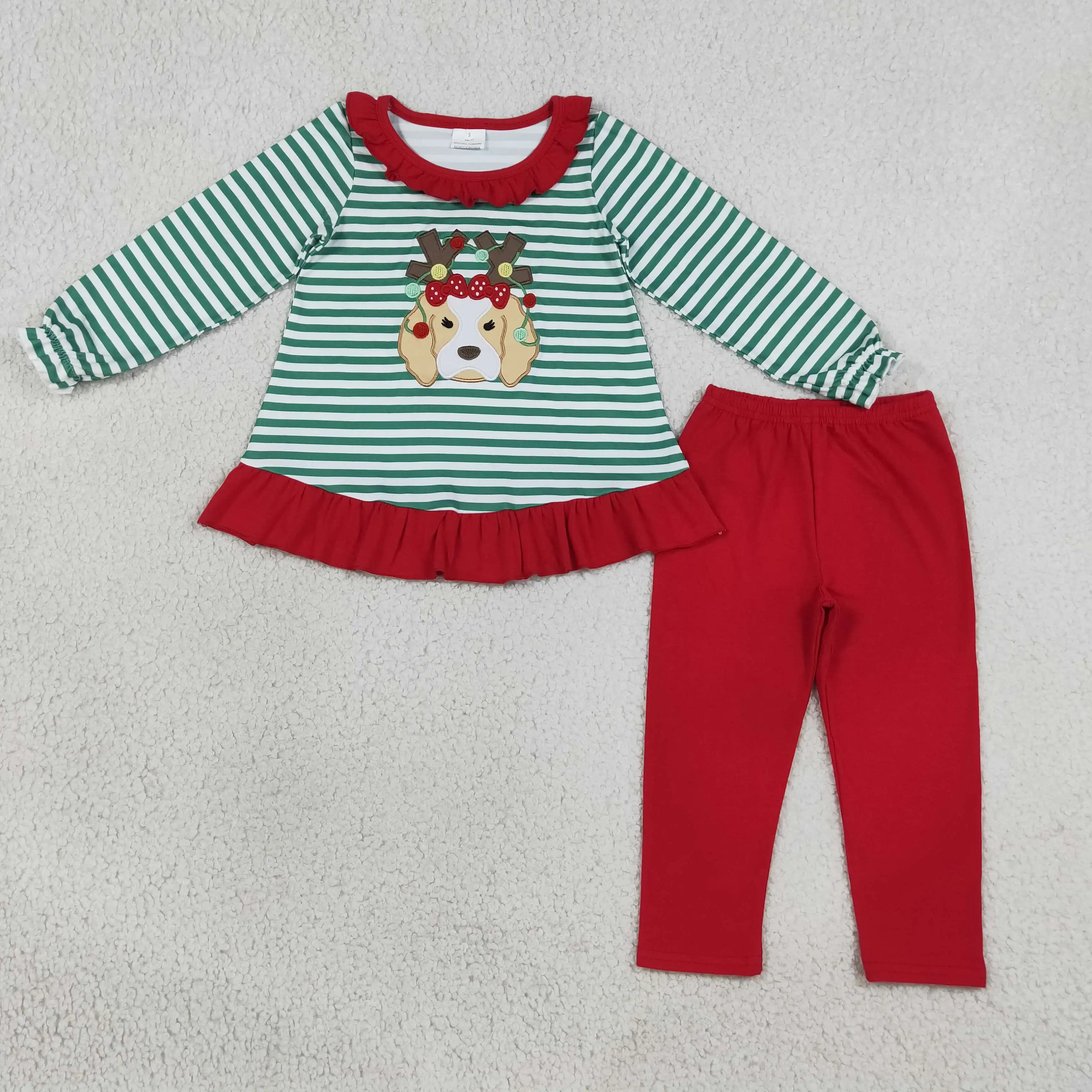 Wholesale Toddler Kids Set Long Sleeve Embroidery Dog Stripes Tunic Pants Girls Children Outfit Baby Girl Christmas Clothing