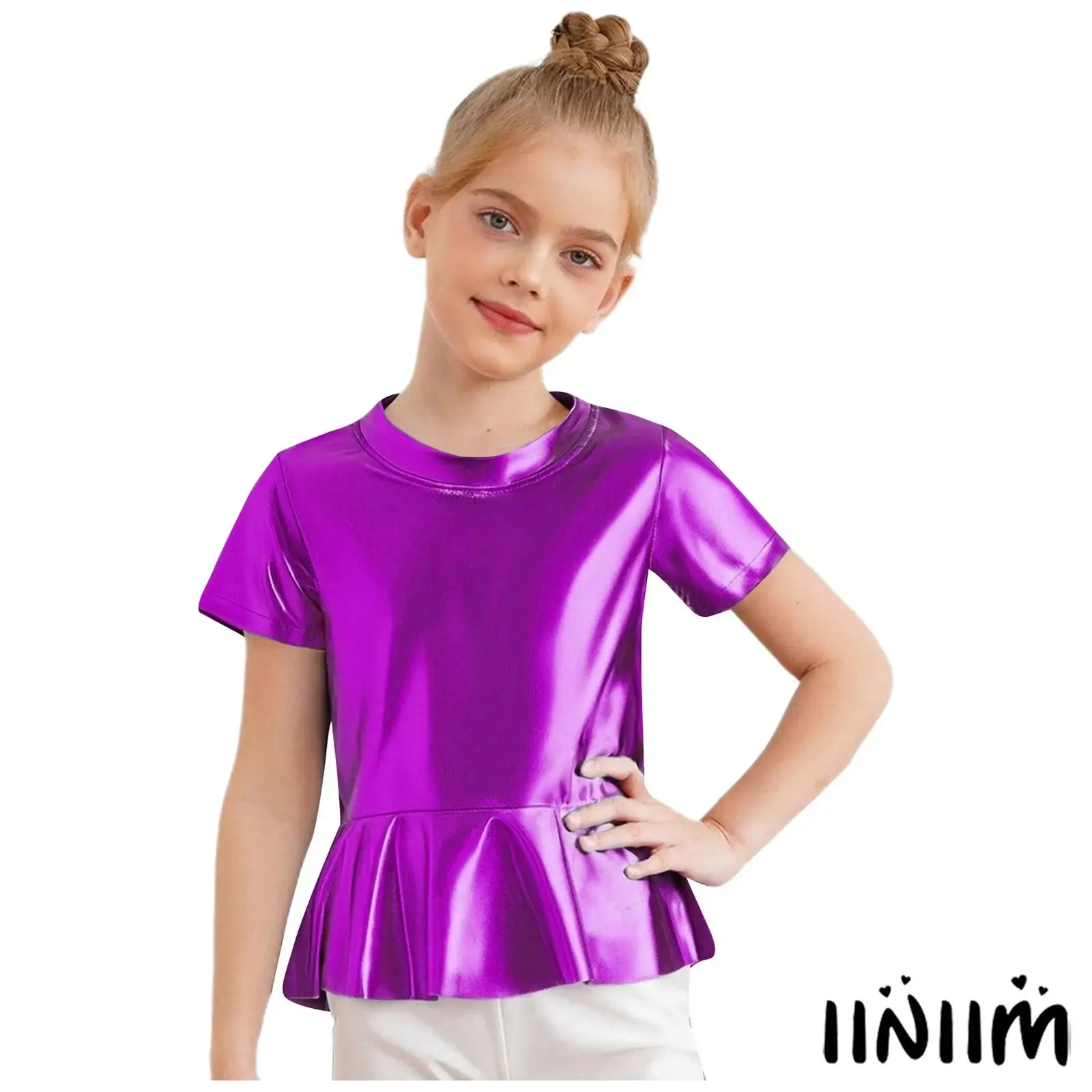 الأطفال فتاة الجاز الرقص الأعلى لامع Peplum الجولة الرقبة لامعة تي شيرت الشارع نمط الهيب هوب الجاز ملابس الرقص موضة الجاز Dancewear