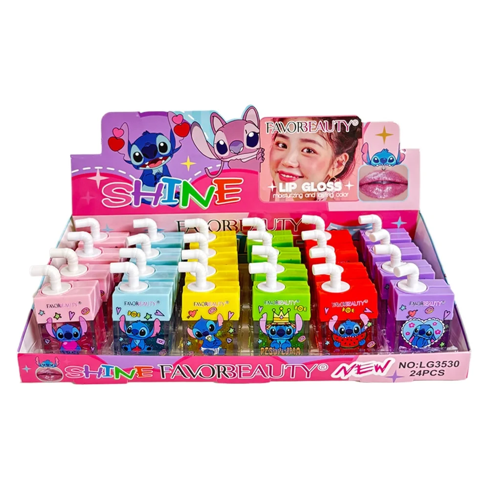 24個入り-キュートなスティッチ-ジュースボックス型リップグロスセット-キーホルダー付きリップグロスセット-女の子向け-防水-長持ちリップグロス