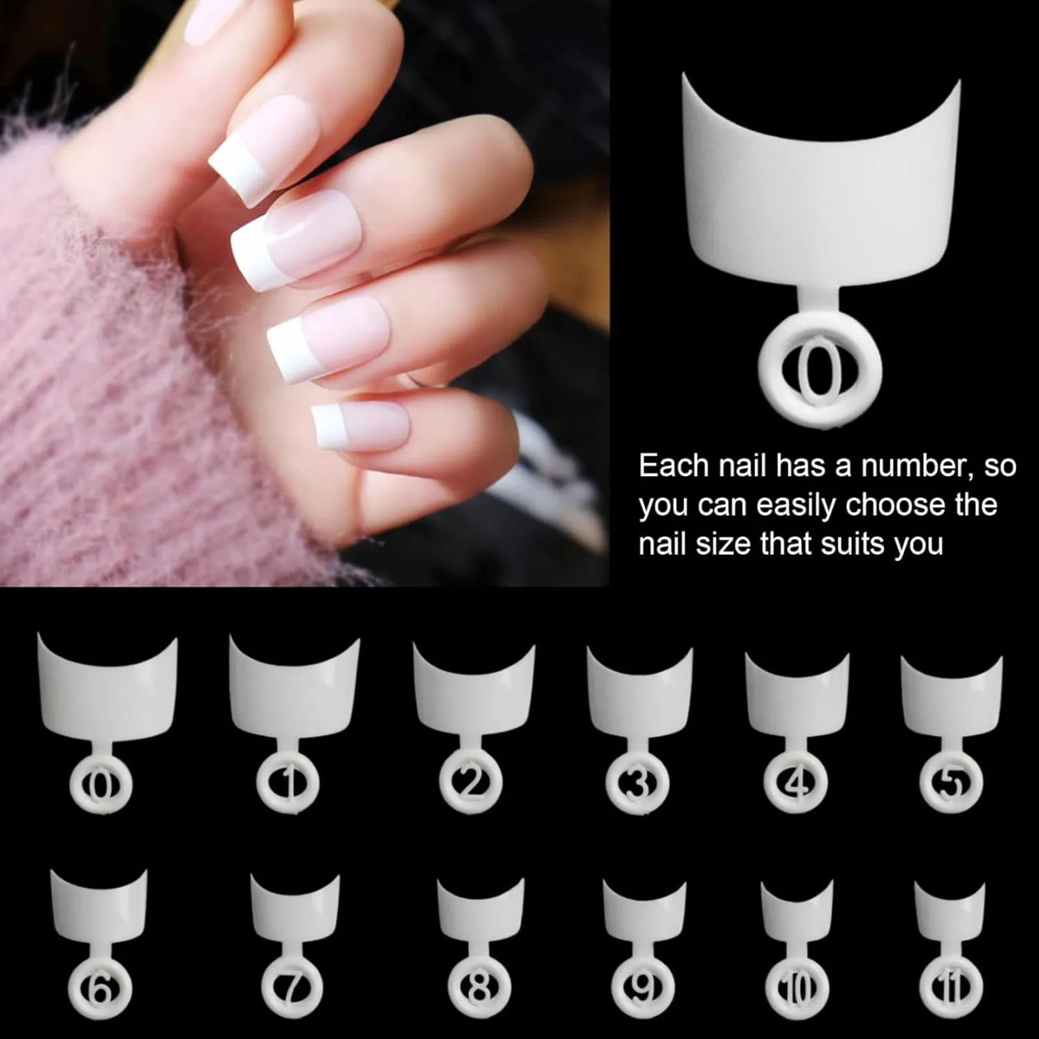 600PCS Short French Style False Nails Half Cover Nails Tips,White/Natural Short Acrylic Extension Finger Nail 12 Sizes with Box