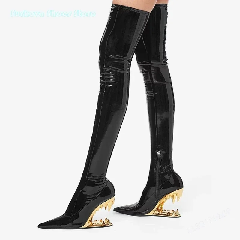 

Сапоги выше колена на каблуке с тигровыми зубами, модная женская обувь с острым носком на странном каблуке, стильные современные ботинки для подиума и уличного вида