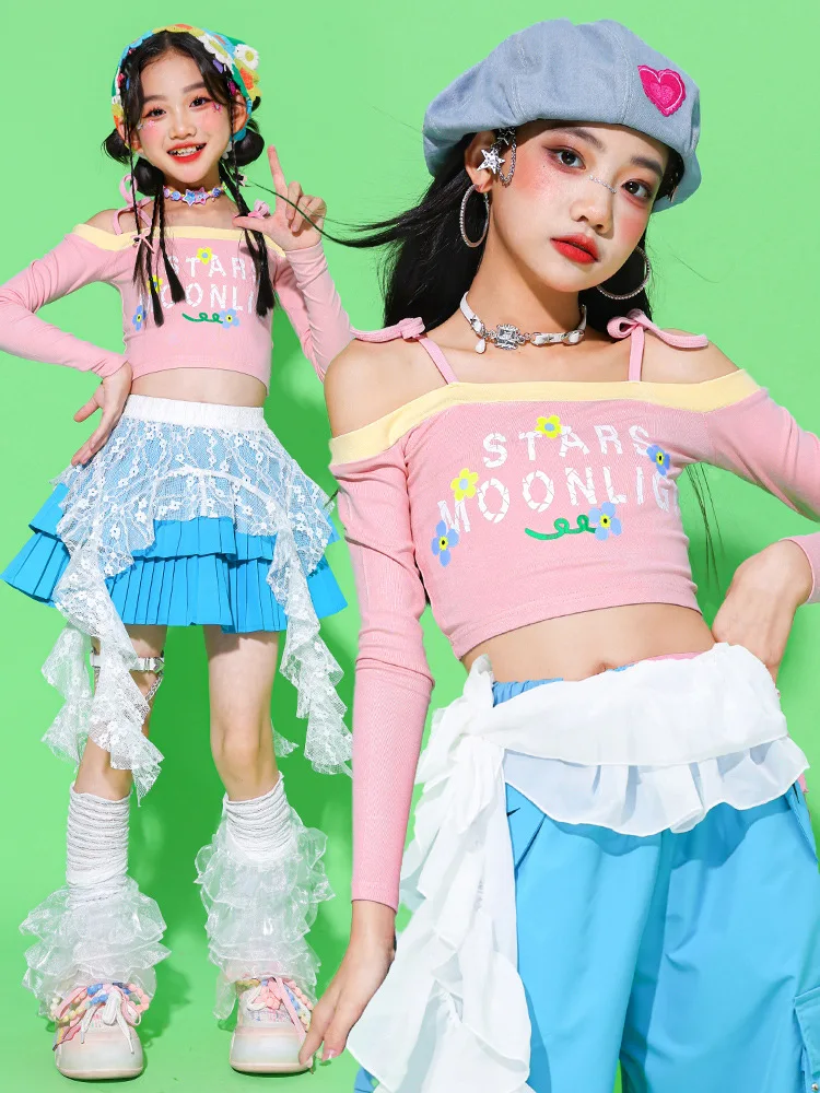 Girls Hip Hop Sweet Colorful Off Shoulder Crop Top Dance Skirts Joggers Pants Child Streetwear Kids K-pop Girl Group Clothes Set