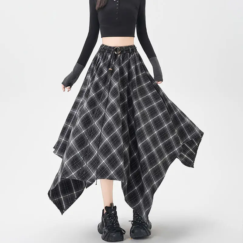 Plaid Skirt Women Elastic Waist A Line Retro High Street Korean Fashion Irregular Versatile Autumn Mid Length Skirt