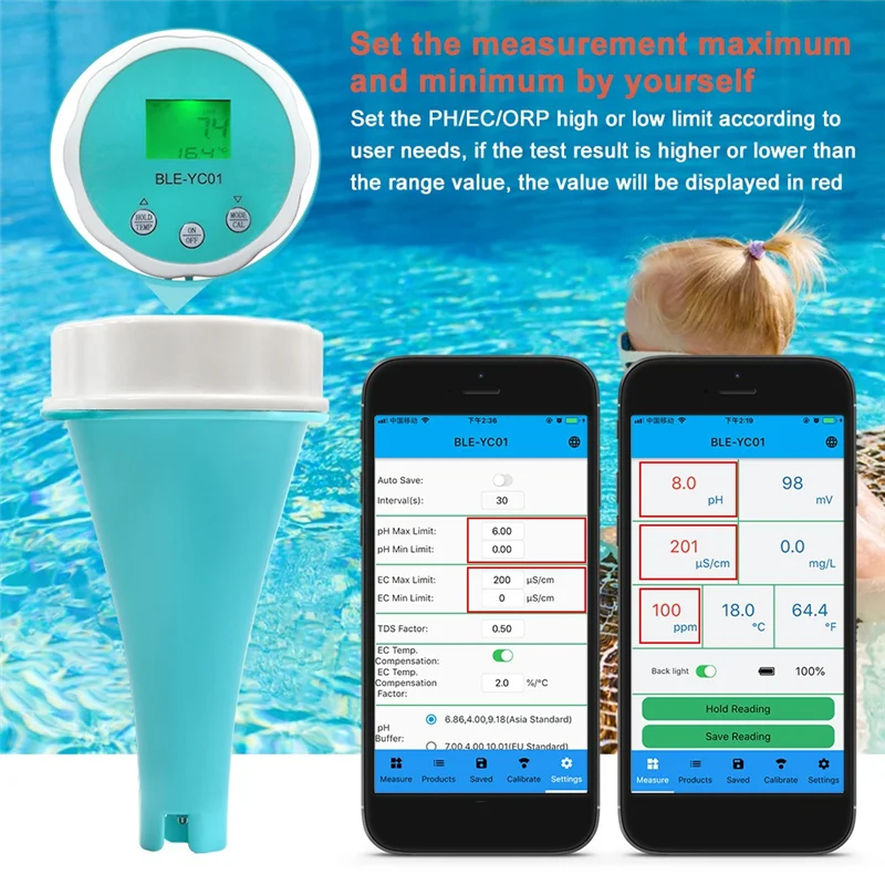 6 In1 Water Quality Detector Smart Online Bluetooth Water Chlorine Meter PH Meter Powered Tool for Swimming Pool
