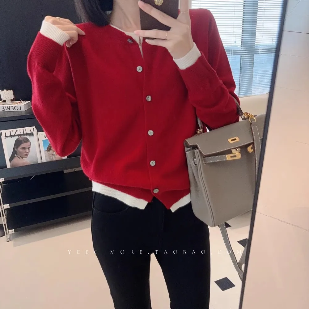 Pure wool cardigan women's round neck fake two-piece sweater coat color matching fashion Korean cashmere sweater