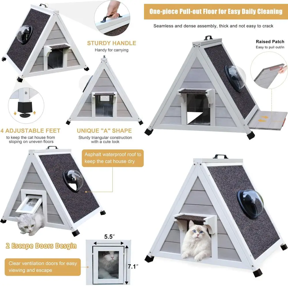 

Durable Wooden Outdoor Cat Shelter with Easy Access Door and Clear Window for Small Pets - Grey