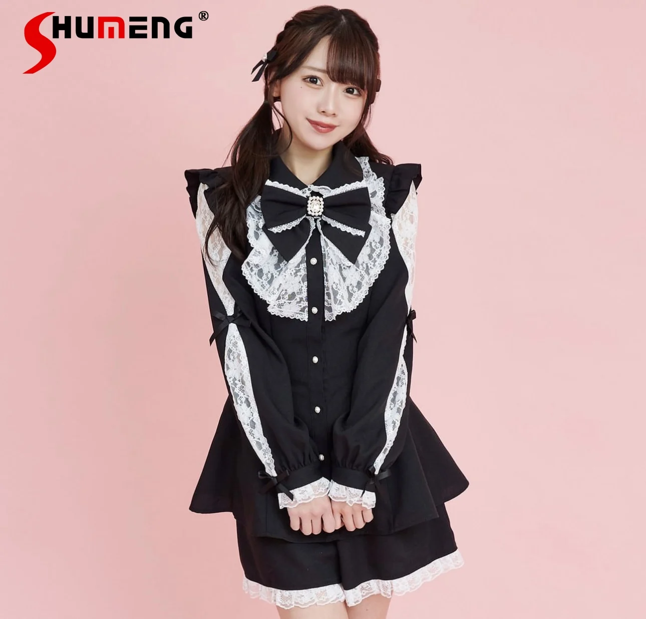 Lolita vestido com laço doce e shorts para mulheres, roupas femininas, manga comprida, estilo japonês, novo, kawaii, meu, emagrecedor, conjunto de 2 peças