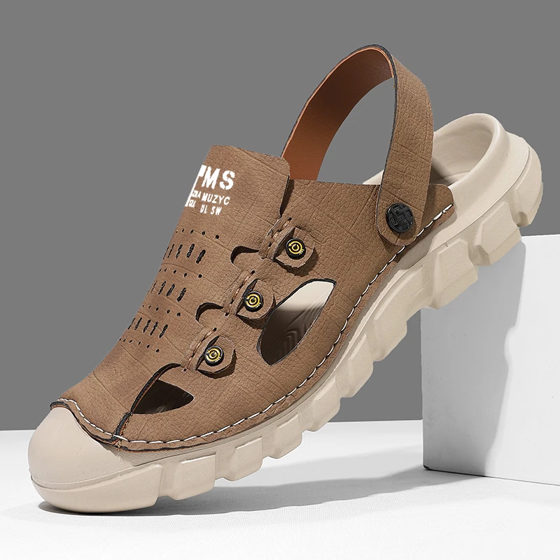 

Новые летние модные мужские сандалии, дышащая мужская обувь, кожаные уличные мужские сандалии на плоской подошве, легкие пляжные мужские тапочки