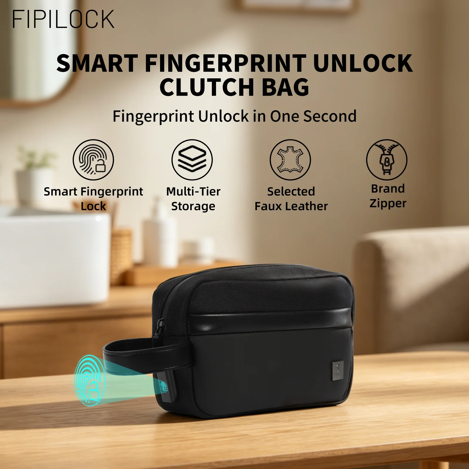 FIPILOCK Clutch Bags Woman for Men Handbags with Smart Fingerprint Unlock Anti-theft Credit Card Mobile Phone Wristlet Bag
