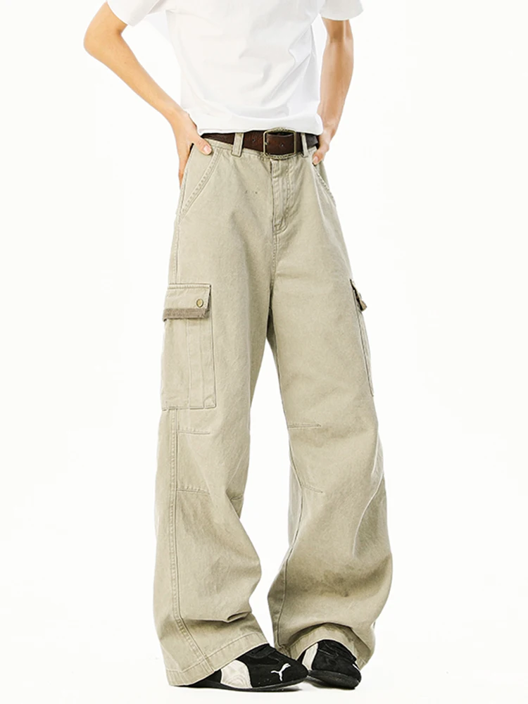 

Мужские брюки в американском ретро-стиле цвета хаки с множеством карманов, модные, в стиле High Street, свободные, широкие, повседневные, длинные, из хлопковой ткани