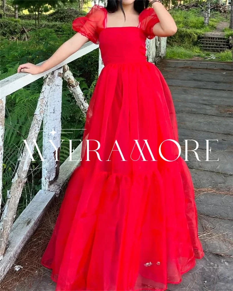 

Princess Red Tulle Evening Dresses Square Collar Puff Sleeve A Line Floor-Length Prom Dresses Customized فساتين سهرة