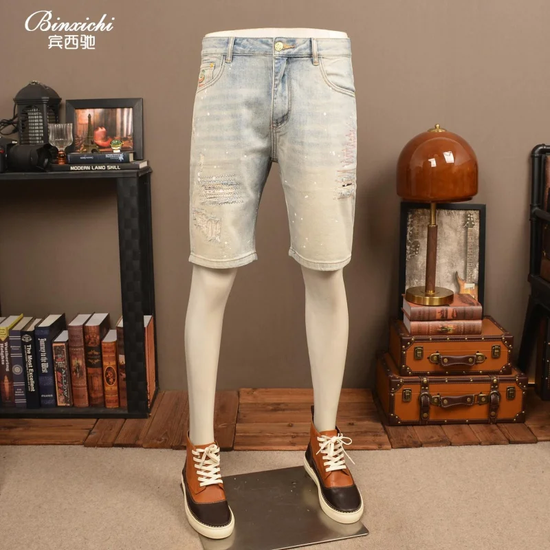 Men's Denim Pants, Casual Street Style, Daily Wear, Summer, Lightweight, Vintage Style, With Torn Paint Patterns and Paint Splas
